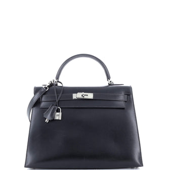 Hermes Kelly Handbag Black Box Calf with Ruthenium Hardware 32