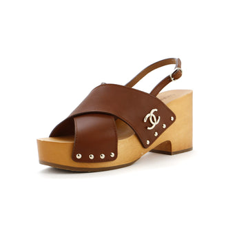 Chanel Women's CC Slingback Platform Wedge Sandals Leather and Wood