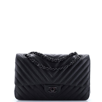 Chanel So Black Classic Double Flap Bag Chevron Lambskin Medium