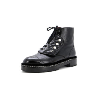 Chanel Women's Cap Toe CC Chain Around Pearl Combat Boots Leather