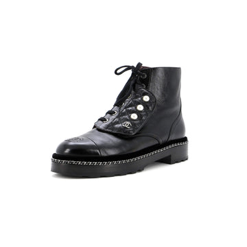 Chanel Women's Cap Toe CC Chain Around Pearl Combat Boots Leather