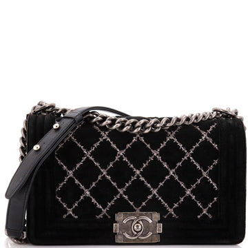 Chanel Boy Flap Bag Stitched Quilted Velvet Old Medium