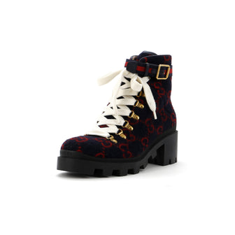 Gucci Women's Heeled Lace Up Combat Ankle Boots GG Wool