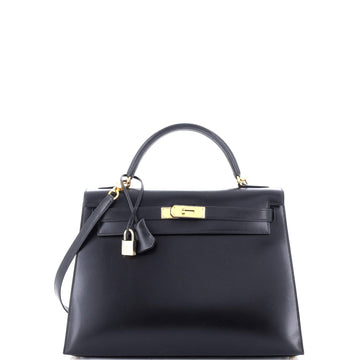 Hermes Kelly Handbag Black Box Calf with Gold Hardware 32