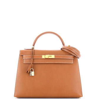 Hermes Kelly Handbag Brown Courchevel with Gold Hardware 32
