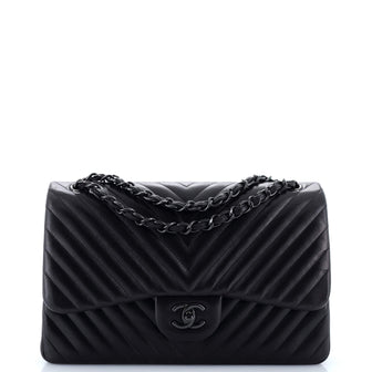 Chanel So Black Classic Double Flap Bag Chevron Lambskin Jumbo