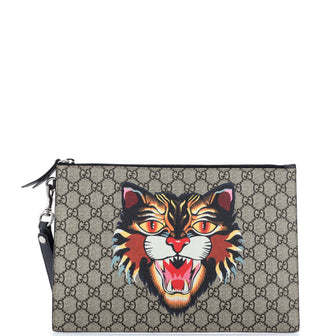 Gucci Zipped Pouch Angry Cat GG Coated Canvas Large