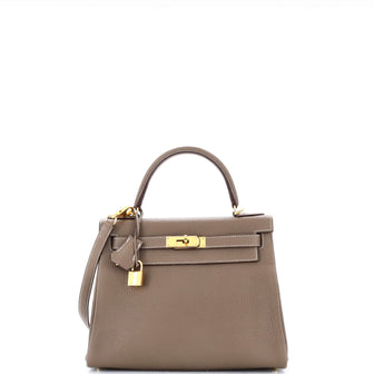 Hermes Kelly Handbag Grey Clemence with Gold Hardware 28