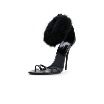 Saint Laurent Women's Satine Heeled Sandals Python Embossed Leather with Faux Fur