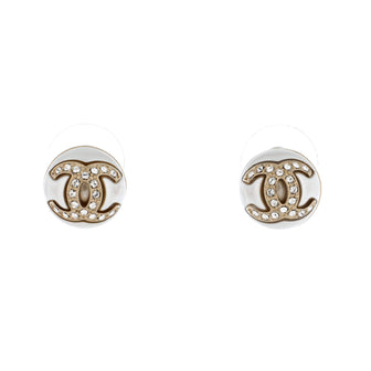 Chanel CC Round Stud Earrings Metals with Crystals and Faux Pearls