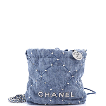 Chanel 22 Chain Hobo Quilted Studded Denim Mini