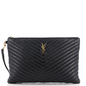 Saint Laurent Classic Monogram Wristlet Pouch Matelasse Chevron Leather Large