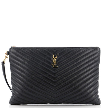 Saint Laurent Classic Monogram Wristlet Pouch Matelasse Chevron Leather Large