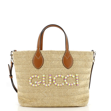 Gucci Logo Plaque Convertible Tote Raffia Small