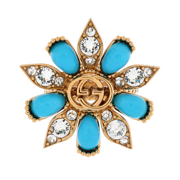 Gucci Interlocking G Flower 3 Row Stack Ring Metal with Faux Turquoise and Crystals