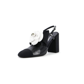 Chanel Women's Cap Toe Camellia Bow Slingback Pumps Crumpled Shiny Fabric with Grosgrain