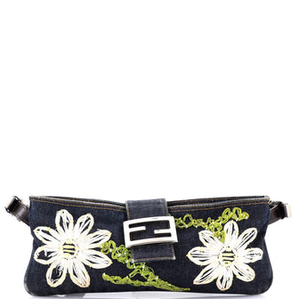 Fendi Vintage Baguette Shoulder Bag Embellished Denim Medium
