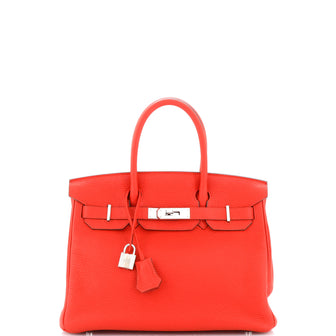 Hermes Birkin Handbag Red Clemence with Palladium Hardware 30