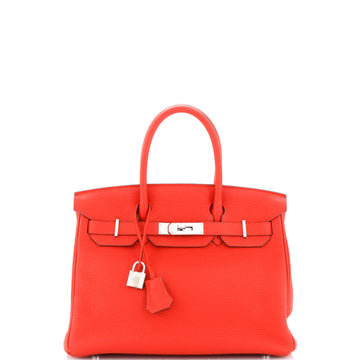 Hermes Birkin Handbag Red Clemence with Palladium Hardware 30