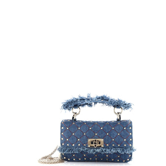 Valentino Garavani Rockstud Spike Flap Bag Quilted Fringe Denim Small