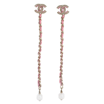 Chanel CC Chain Drop Earrings Metal with Leather and Faux Pearls