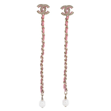 Chanel CC Chain Drop Earrings Metal with Leather and Faux Pearls