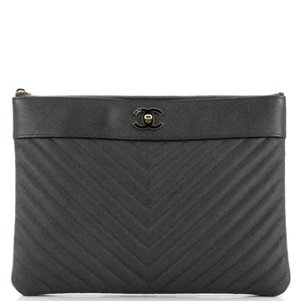 Chanel Mademoiselle Vintage O Case Clutch Chevron Caviar Medium