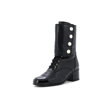 Chanel Women's Logo Button Snap Cap Toe Boots Leather with Patent