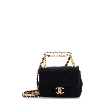 Chanel Oval Logo Chain Handle Flap Bag Quilted Satin with Crystals Mini