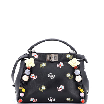 Fendi Peekaboo Bag Embroidered Leather with Floral Applique Mini
