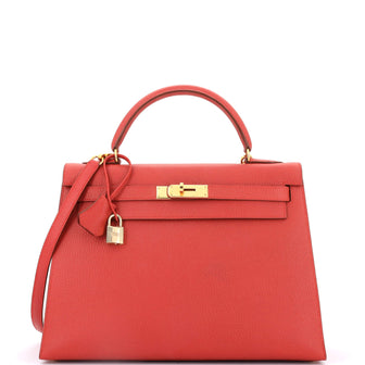 Hermes Kelly Handbag Red Ardennes with Gold Hardware 32