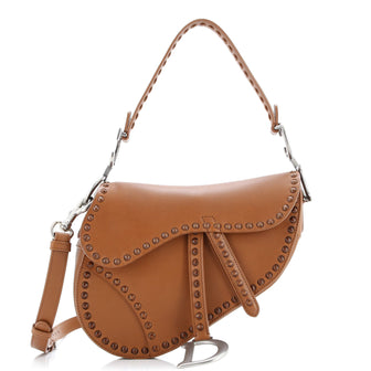 Christian Dior Saddle Handbag with Strap Studded Leather Medium
