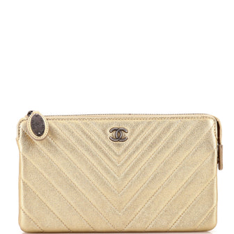 Chanel Classic Double Pocket Zip Pouch Chevron Sheepskin Small