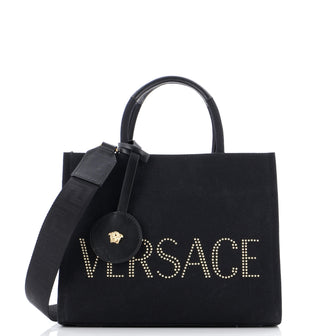 Versace Logo Convertible Tote Studded Canvas Small