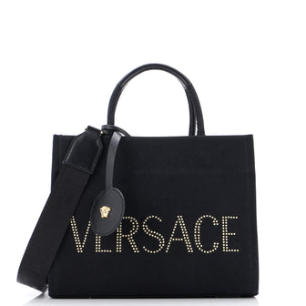 Versace Logo Convertible Tote Studded Canvas Small