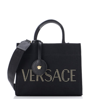 Versace Logo Convertible Tote Studded Canvas Small