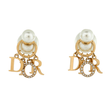 Christian Dior Tribales Dangle Dior Logo Stud Earrings Metal with Faux Pearls and Crystals