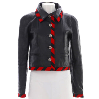 Chanel Women's Striped Trim Button Up Jacket Leather with Silk