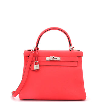 Hermes Kelly Handbag Red Clemence with Palladium Hardware 28