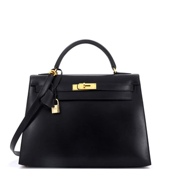 Hermes Kelly Handbag Black Box Calf with Gold Hardware 32