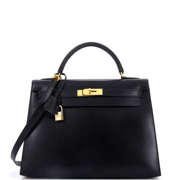 Hermes Kelly Handbag Black Box Calf with Gold Hardware 32
