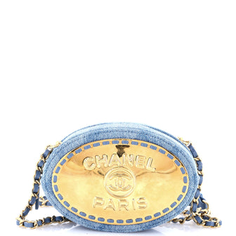 Chanel Logo Plate Oval Clutch With Chain Metal and Denim