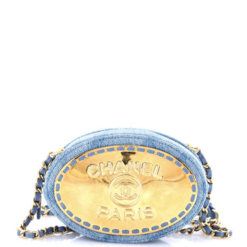 Chanel Logo Plate Oval Clutch With Chain Metal and Denim