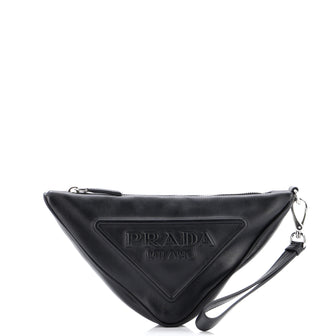 Prada Triangle Logo Wristlet Pouch Embossed Leather