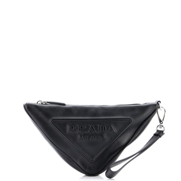 Prada Triangle Logo Wristlet Pouch Embossed Leather