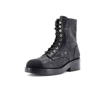 Chanel Women's CC Cap Toe Lace Up Combat Boots Fabric with Grosgrain