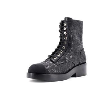 Chanel Women's CC Cap Toe Lace Up Combat Boots Fabric with Grosgrain