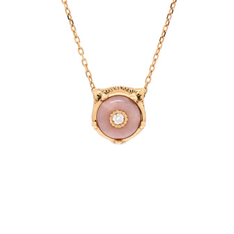 Gucci Le Marche Des Merveilles Feline Head Pendant Necklace 18k Yellow Gold with Pink Opal and Diamond