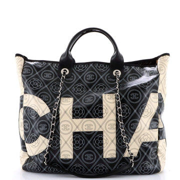 Chanel Logo Camellia Shopping Tote Printed Coated Canvas Medium