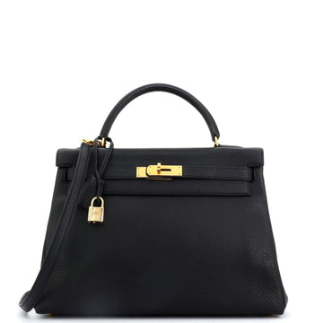 Hermes Kelly Handbag Black Clemence with Gold Hardware 32